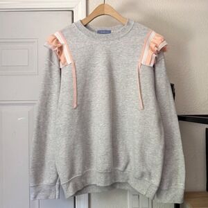 PARADISED light heather grey fleece contrast ruffle crew neck pullover sweater